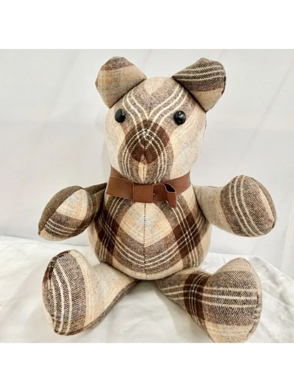 Vintage Handmade Patchwork Plaid Plush Stuffed Animal Teddy Bear Ribbon Bow Toy